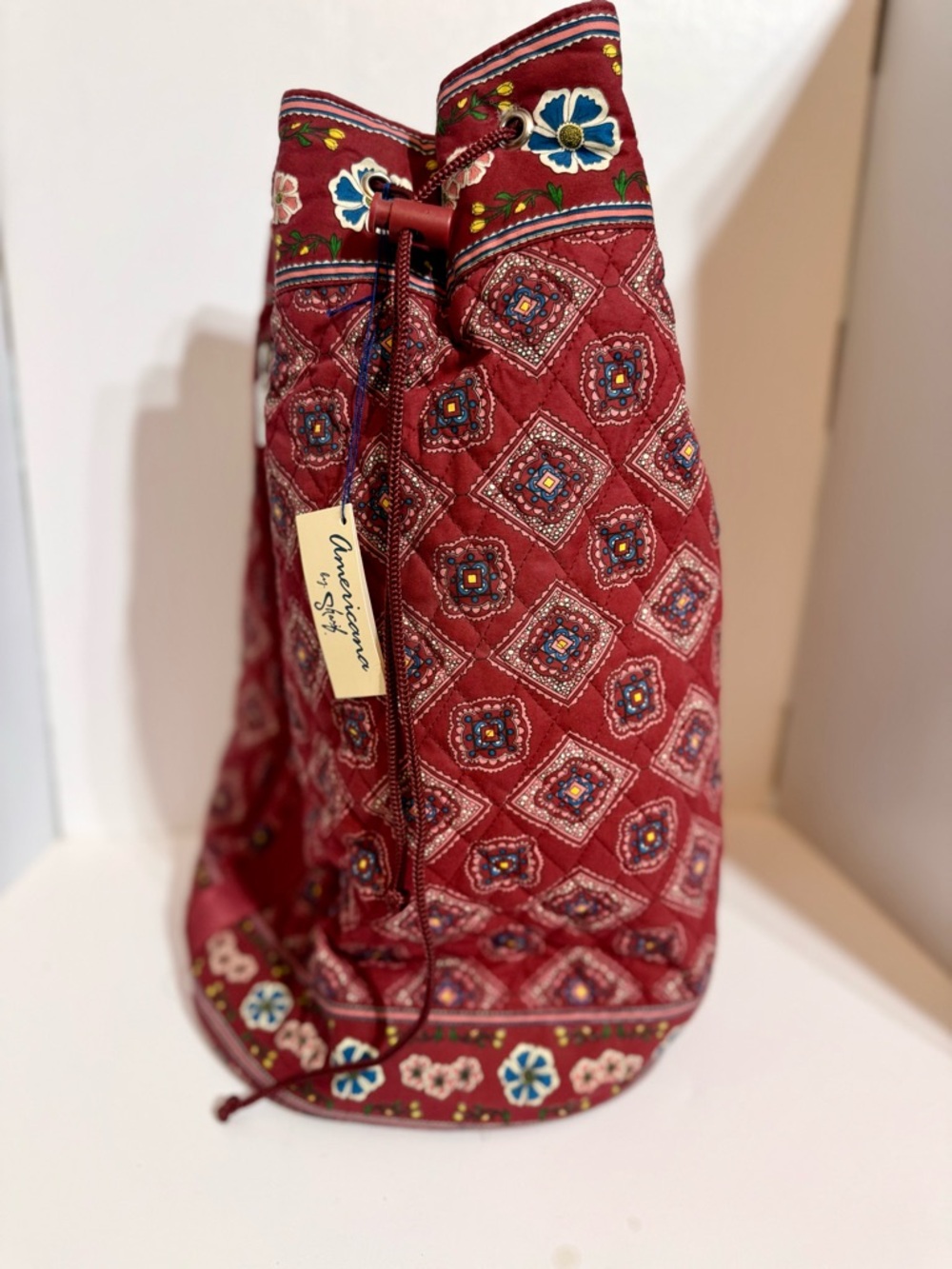 Sharif Red Quilted Drawstring Backpack/Travel with Floral Accents